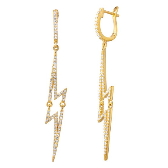 Sterling Silver 925 Gold Plated Dangling Lightning CZ Earrings